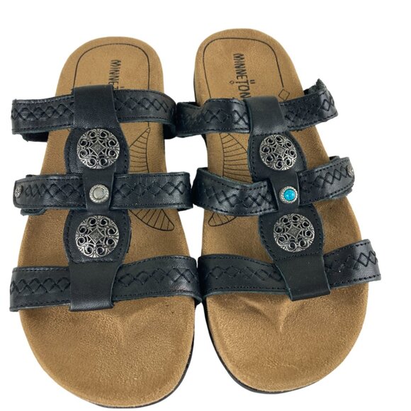 Minnetonka Womens Sz 6 Black Leather Strappy Sandals Slip On Slide Flats - Picture 1 of 7